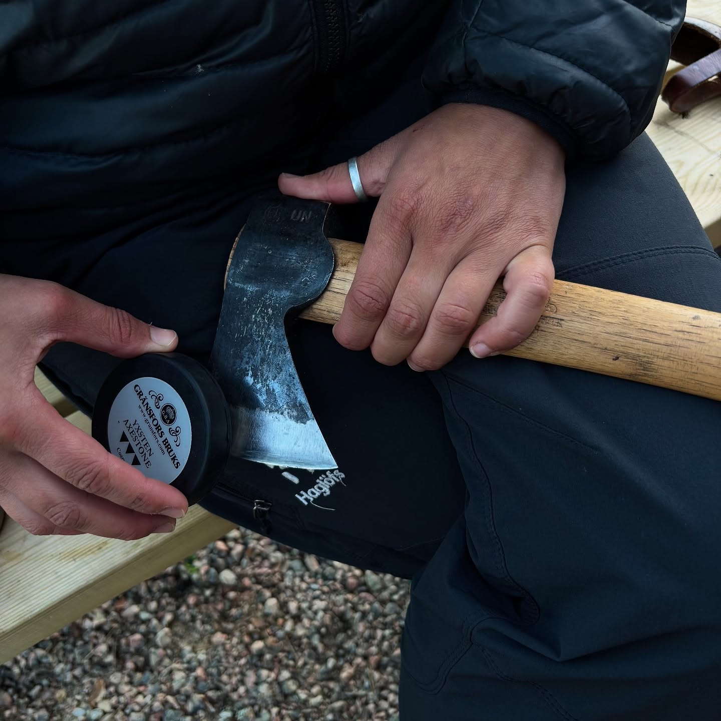 Close-up of axe and hands